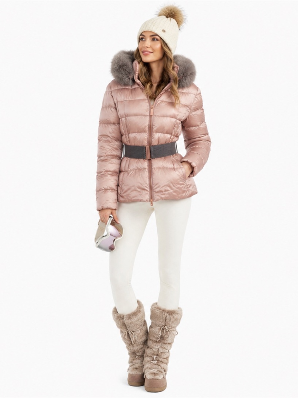 Ted Baker Duck Down Belted Puffer Faux Fur Hood Sz 0